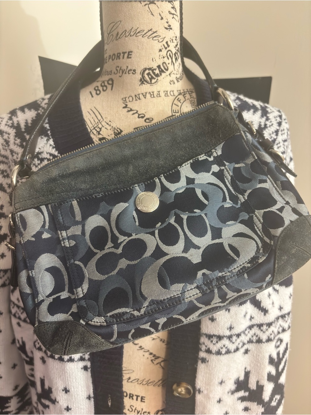 Coach Navy and Gray Signature C Jacquard Shoulder Bag